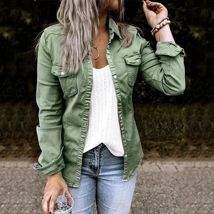 Women's Denim Button Front Shirt Jacket with Chest Pockets