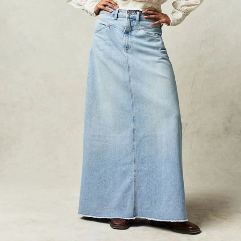 Women's Denim Maxi Skirt A-Line Vintage Style