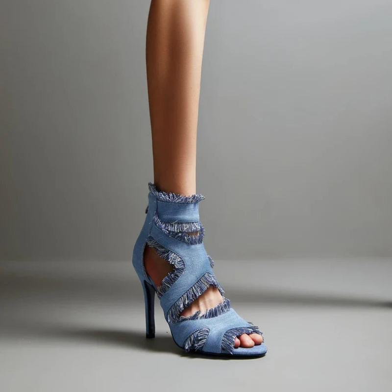 Women's Denim Open-Toe Heels with Thin Stiletto Heel