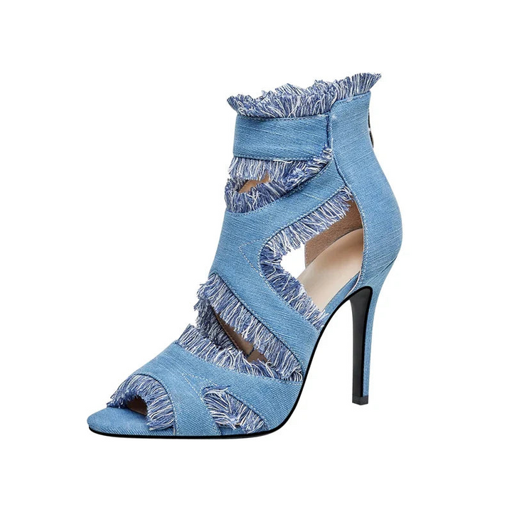 Women's Denim Open-Toe Heels with Thin Stiletto Heel