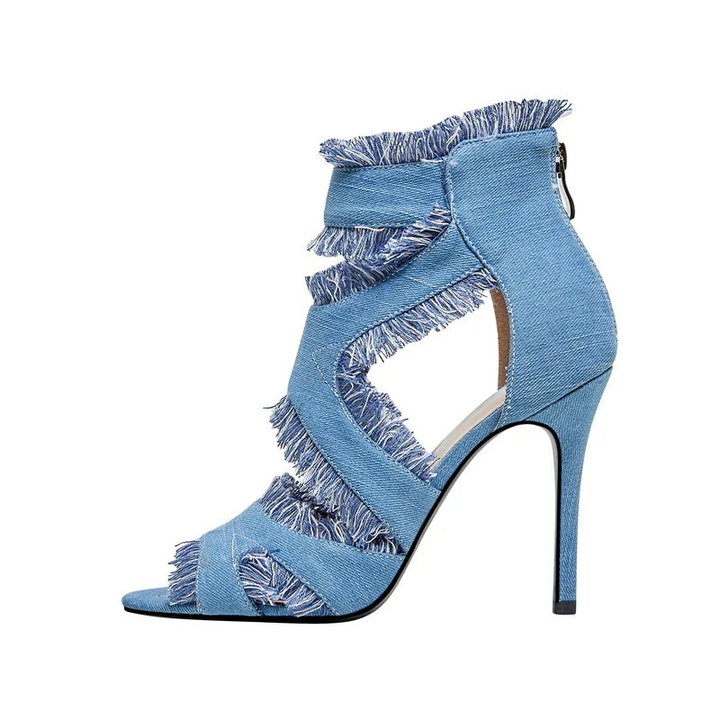 Women's Denim Open-Toe Heels with Thin Stiletto Heel