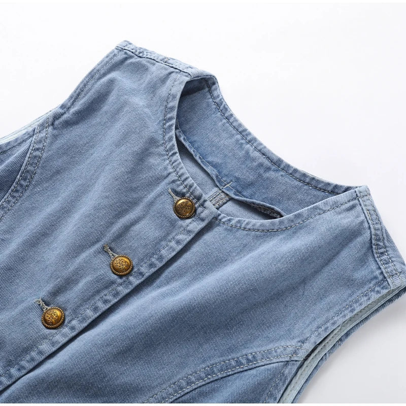 Women's Denim Set Button-Up Vest with Wide Leg Jeans