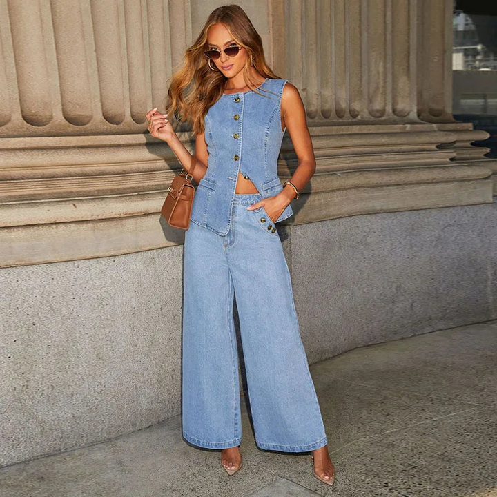 Women's Denim Set Button-Up Vest with Wide Leg Jeans