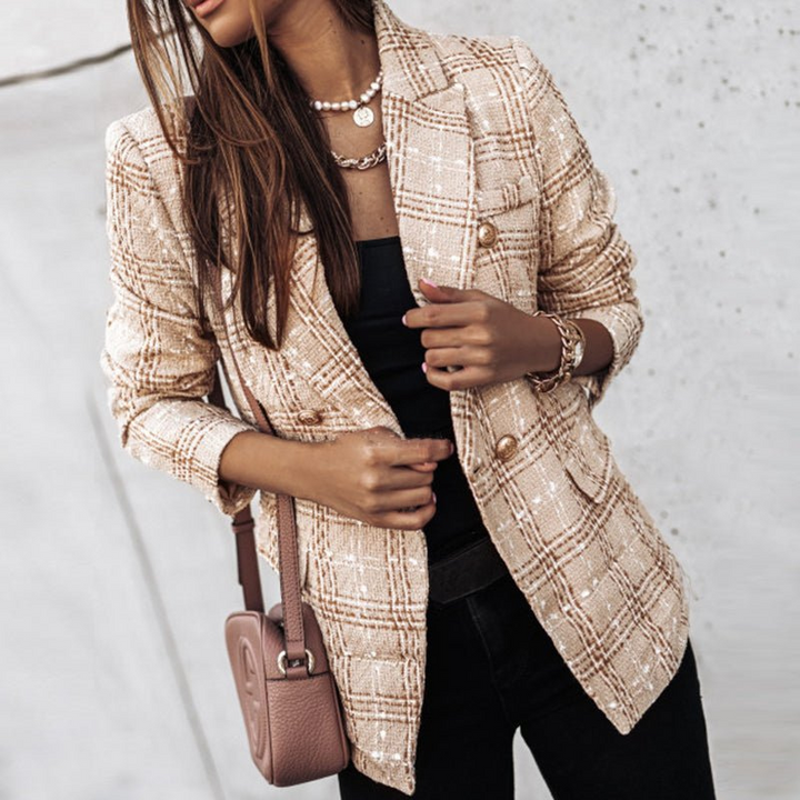 Women's Double-Breasted Check Blazer - Classic Style