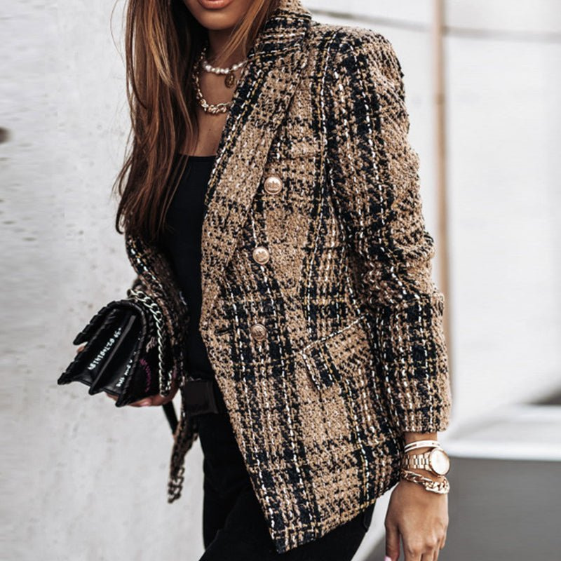 Women's Double-Breasted Check Blazer - Classic Style