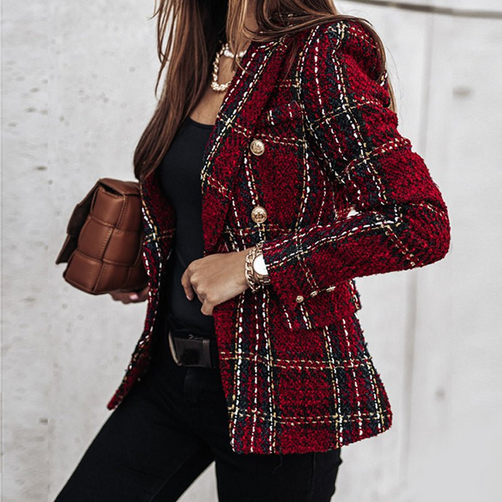 Women's Double-Breasted Check Blazer - Classic Style