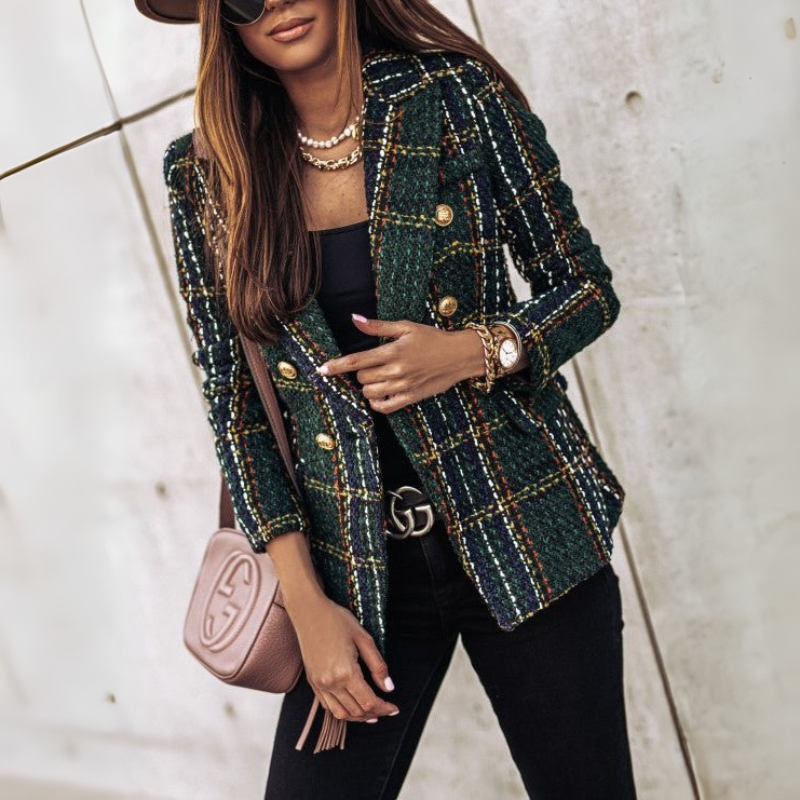 Women's Double-Breasted Check Blazer - Classic Style