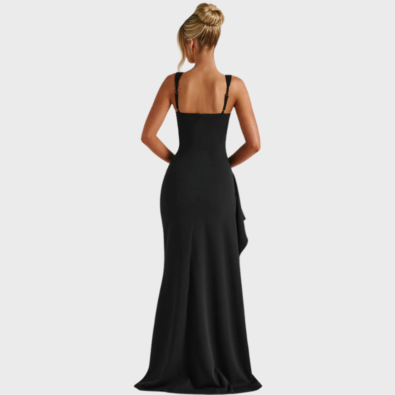 Women's Elegant Black Satin Maxi Dress with Slit - Cocktail Dress for Formal Events