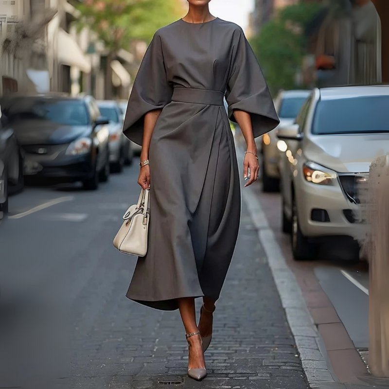 Women's Elegant Cocktail Dress with Lantern Sleeves and Adjustable Waist