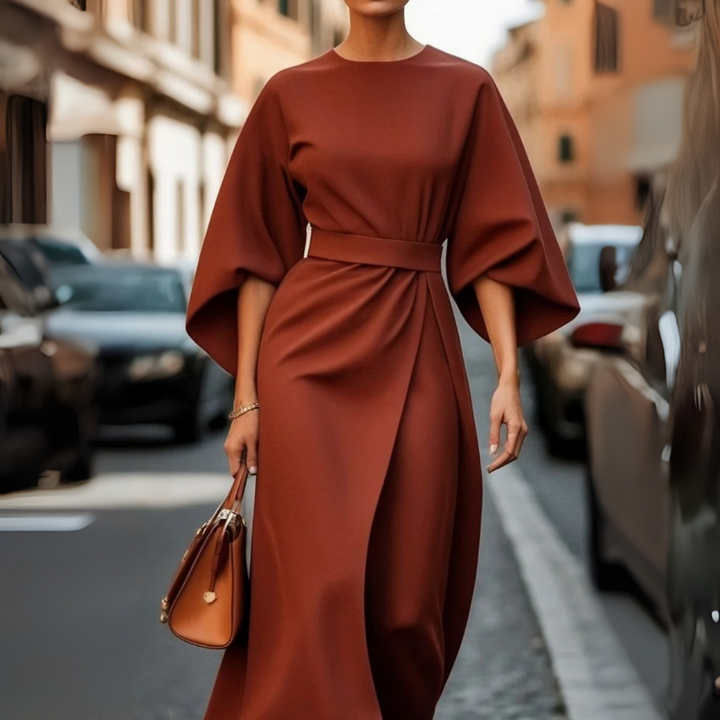 Women's Elegant Cocktail Dress with Lantern Sleeves and Adjustable Waist