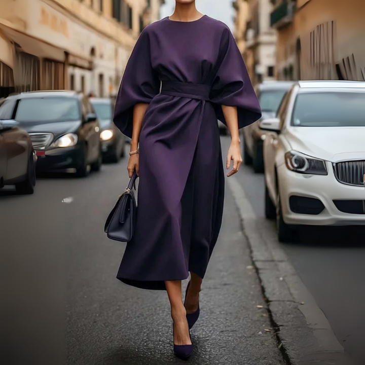 Women's Elegant Cocktail Dress with Lantern Sleeves and Adjustable Waist