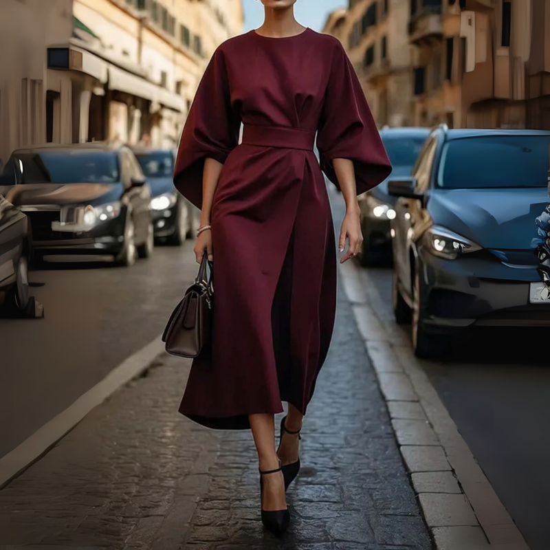 Women's Elegant Cocktail Dress with Lantern Sleeves and Adjustable Waist