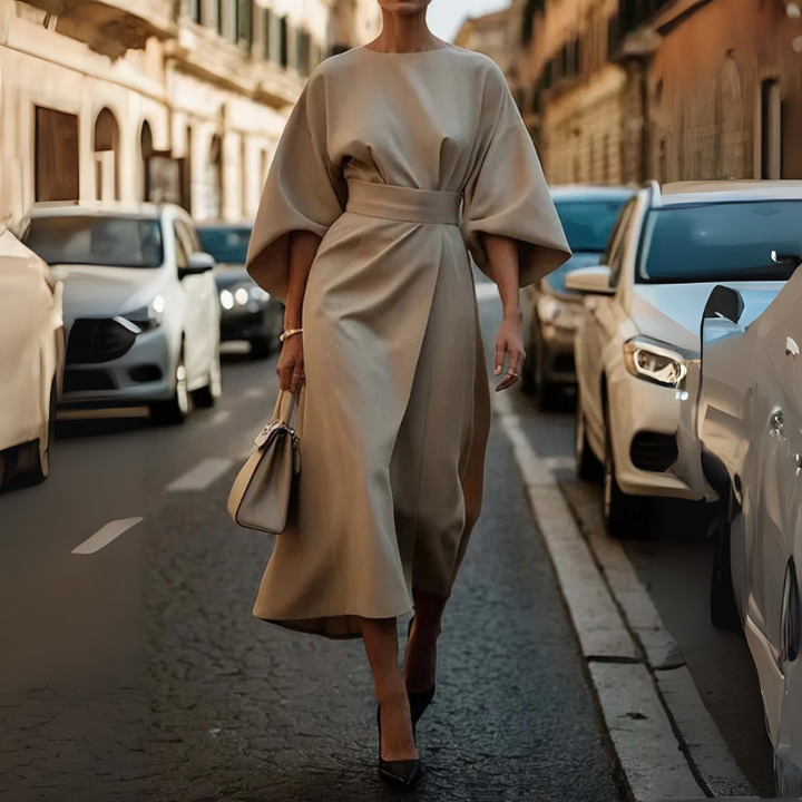 Women's Elegant Cocktail Dress with Lantern Sleeves and Adjustable Waist