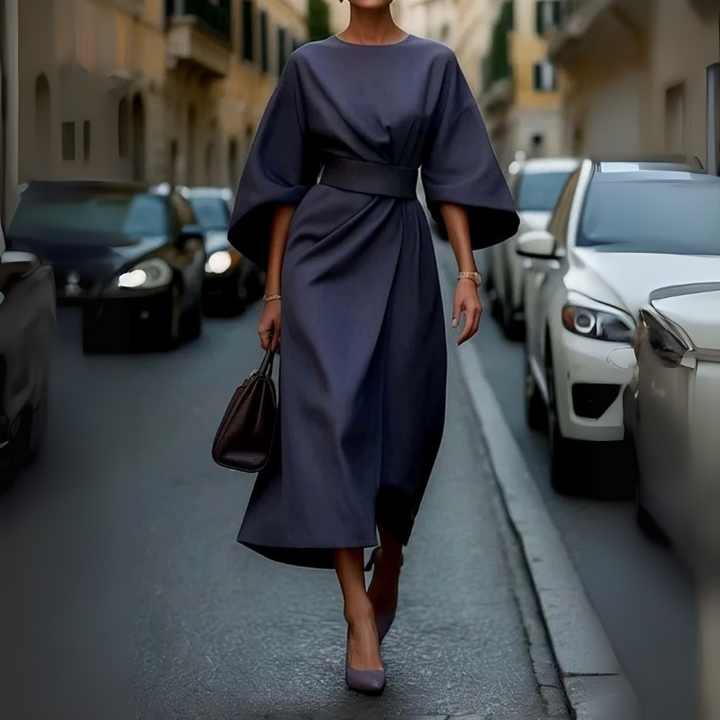 Women's Elegant Cocktail Dress with Lantern Sleeves and Adjustable Waist