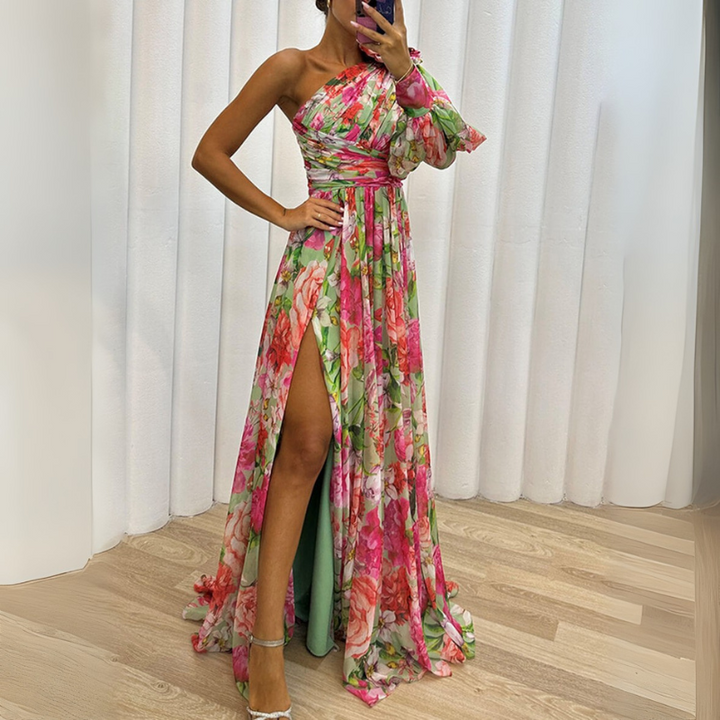 Women's Elegant Floral Maxi Dress – Asymmetrical with High Slit & Bishop Sleeves