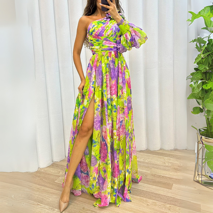 Women's Elegant Floral Maxi Dress – Asymmetrical with High Slit & Bishop Sleeves