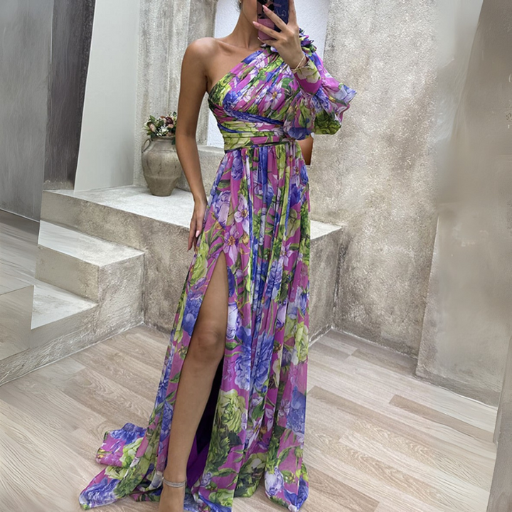 Women's Elegant Floral Maxi Dress – Asymmetrical with High Slit & Bishop Sleeves