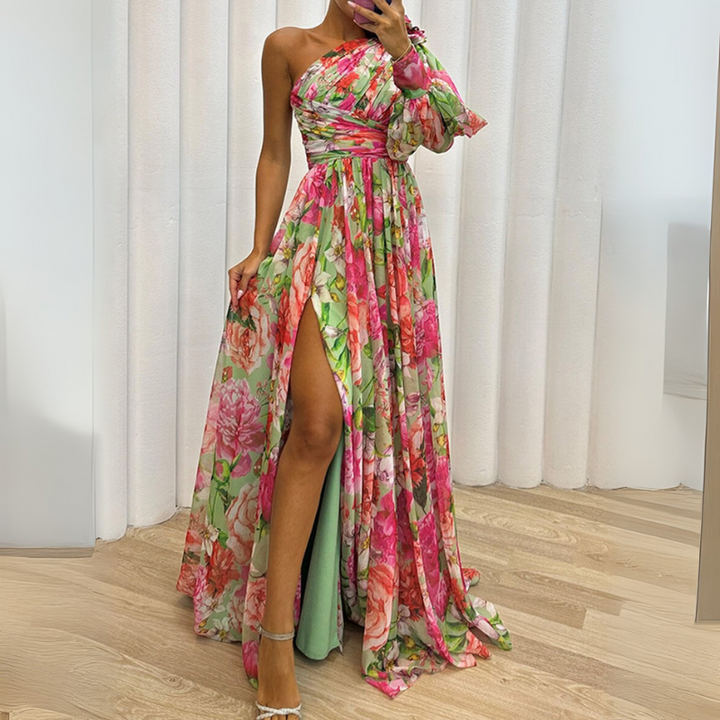 Women's Elegant Floral Maxi Dress – Asymmetrical with High Slit & Bishop Sleeves