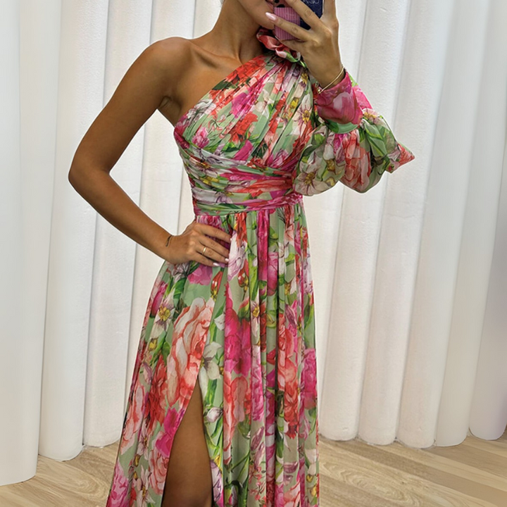 Women's Elegant Floral Maxi Dress – Asymmetrical with High Slit & Bishop Sleeves