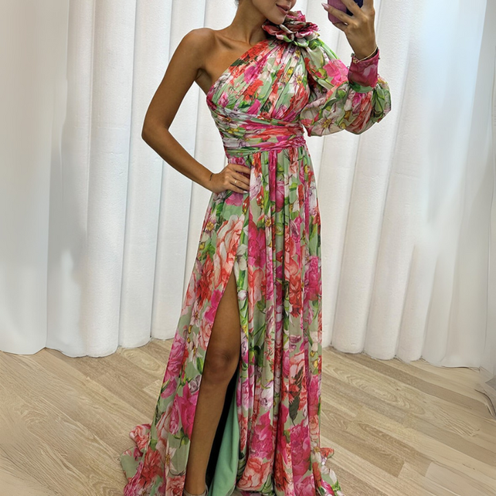 Women's Elegant Floral Maxi Dress – Asymmetrical with High Slit & Bishop Sleeves