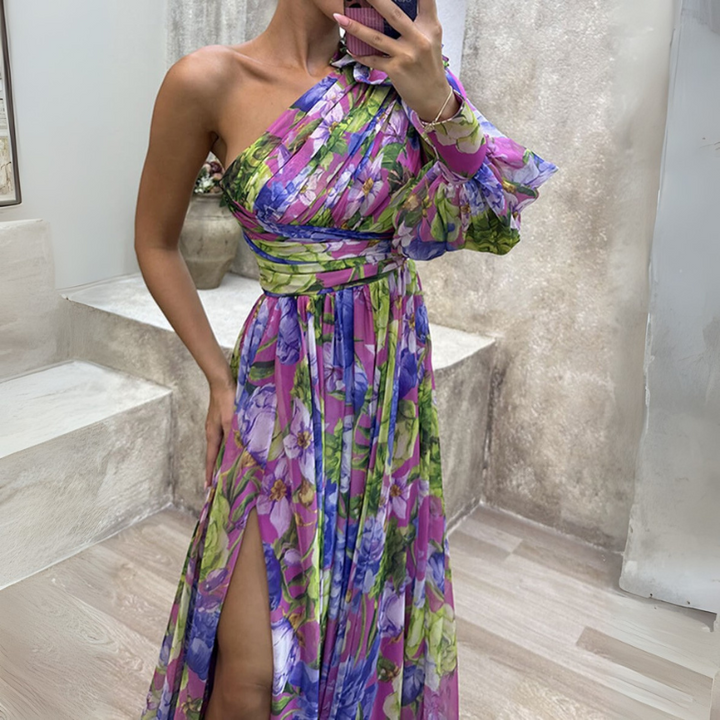Women's Elegant Floral Maxi Dress – Asymmetrical with High Slit & Bishop Sleeves