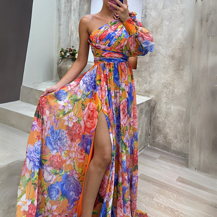 Women's Elegant Floral Maxi Dress – Asymmetrical with High Slit & Bishop Sleeves