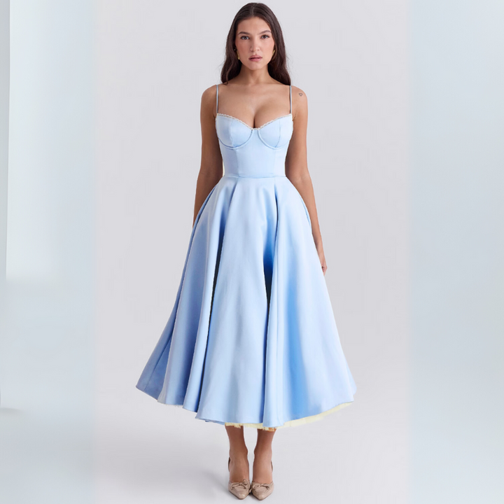 Women's Elegant Flowing Tulle Cocktail Midi Dress with Adjustable Straps
