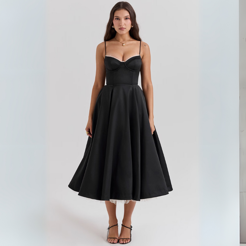 Women's Elegant Flowing Tulle Cocktail Midi Dress with Adjustable Straps