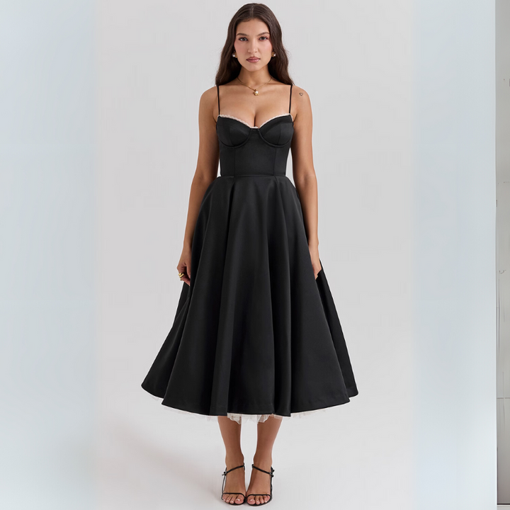 Women's Elegant Flowing Tulle Cocktail Midi Dress with Adjustable Straps