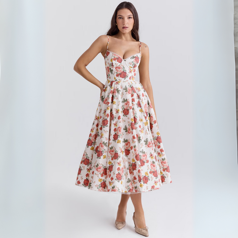 Women's Elegant Flowing Tulle Cocktail Midi Dress with Adjustable Straps