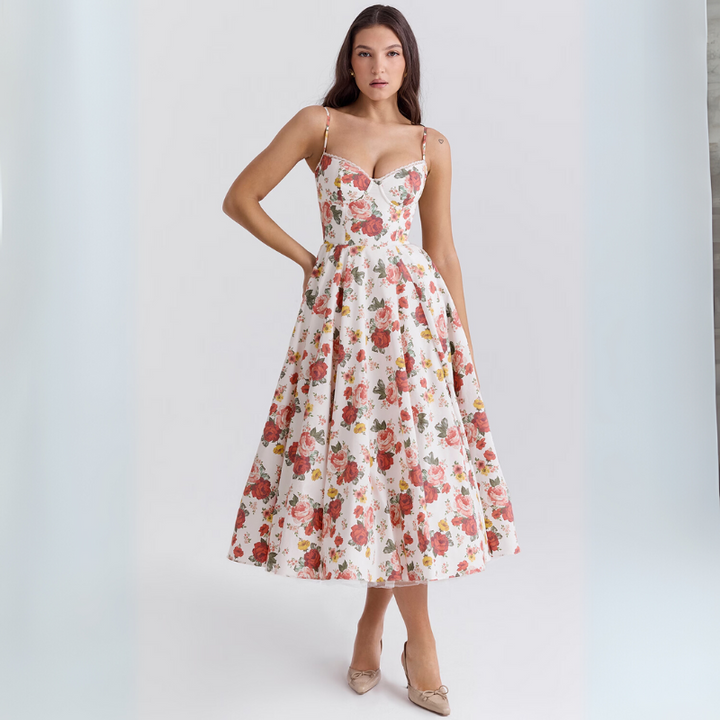 Women's Elegant Flowing Tulle Cocktail Midi Dress with Adjustable Straps