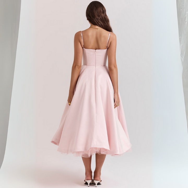 Women's Elegant Flowing Tulle Cocktail Midi Dress with Adjustable Straps