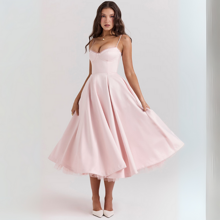 Women's Elegant Flowing Tulle Cocktail Midi Dress with Adjustable Straps