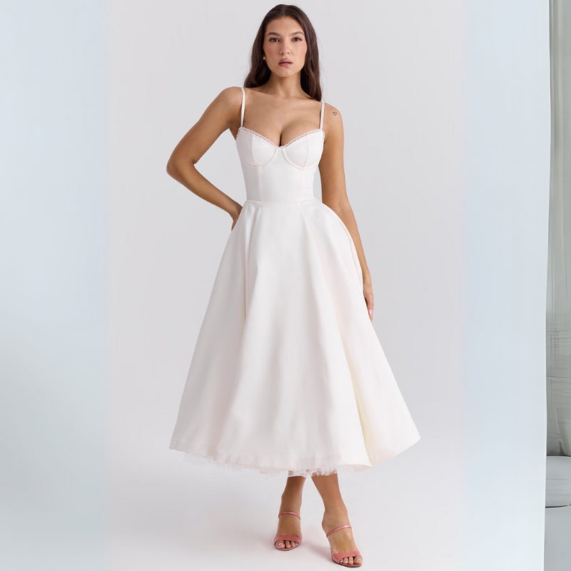 Women's Elegant Flowing Tulle Cocktail Midi Dress with Adjustable Straps