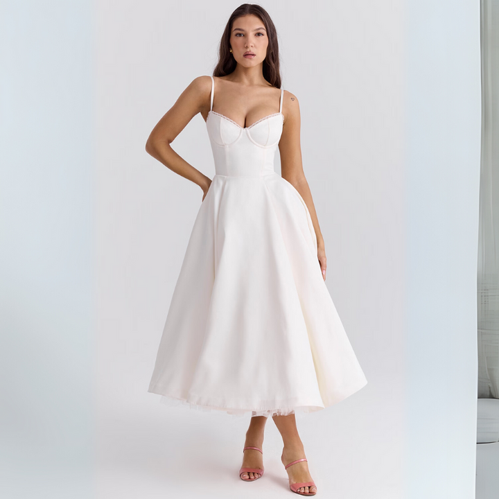 Women's Elegant Flowing Tulle Cocktail Midi Dress with Adjustable Straps