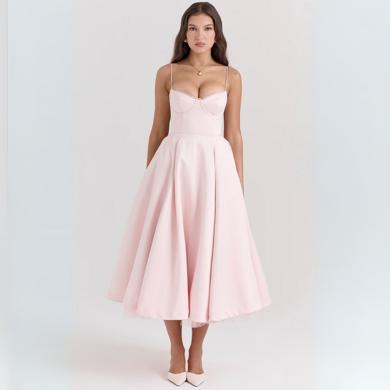 Women's Elegant Flowing Tulle Cocktail Midi Dress with Adjustable Straps