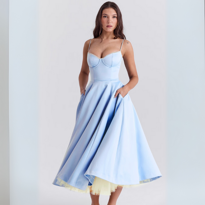 Women's Elegant Flowing Tulle Cocktail Midi Dress with Adjustable Straps