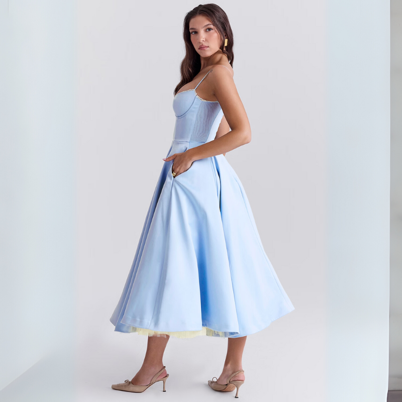 Women's Elegant Flowing Tulle Cocktail Midi Dress with Adjustable Straps