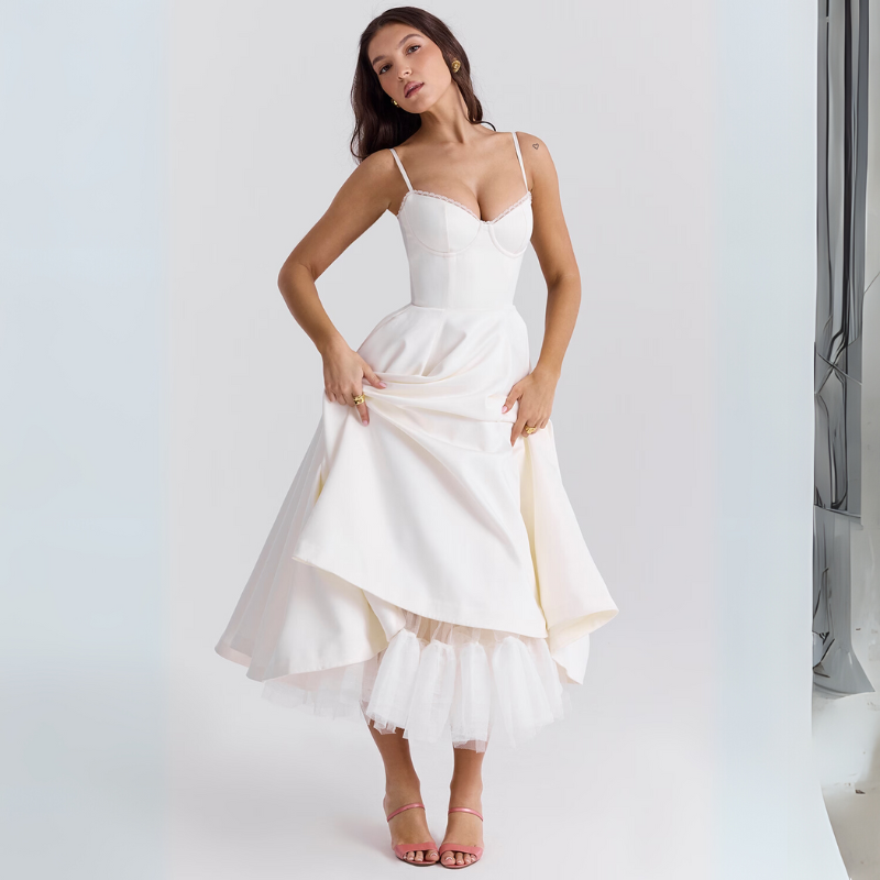 Women's Elegant Flowing Tulle Cocktail Midi Dress with Adjustable Straps