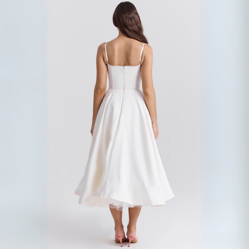 Women's Elegant Flowing Tulle Cocktail Midi Dress with Adjustable Straps