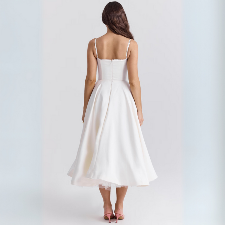 Women's Elegant Flowing Tulle Cocktail Midi Dress with Adjustable Straps