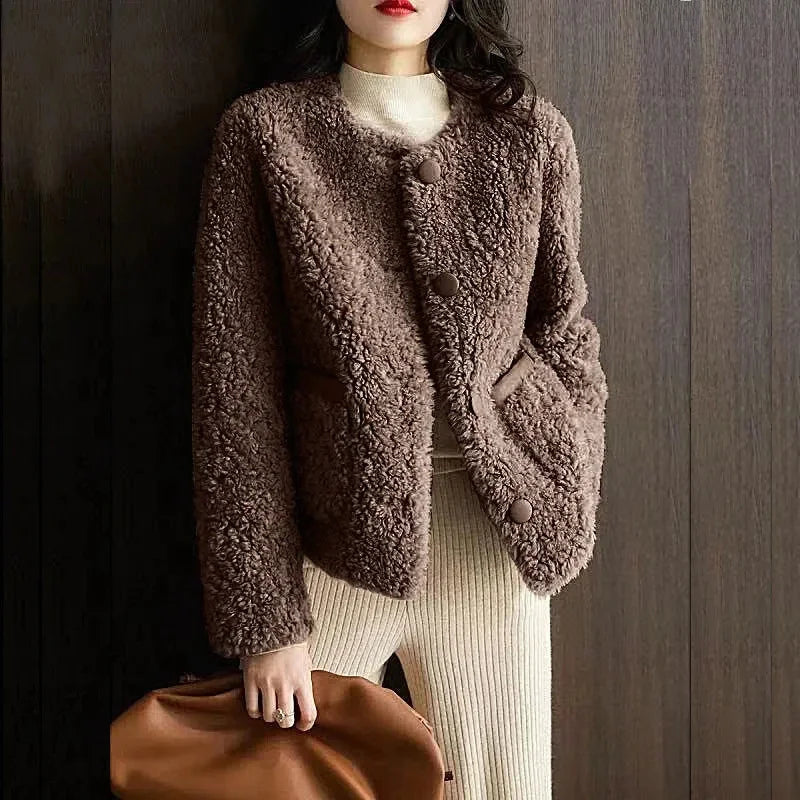 Women's Faux Fur Winter Coat with Button Accents and Pockets