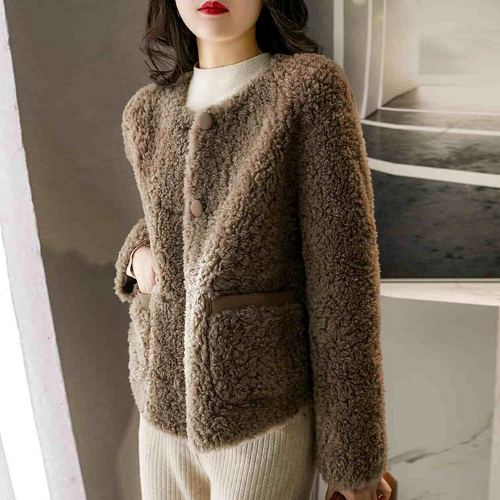 Women's Faux Fur Winter Coat with Button Accents and Pockets