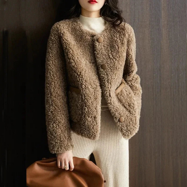 Women's Faux Fur Winter Coat with Button Accents and Pockets