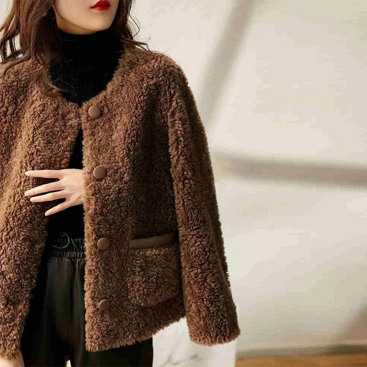 Women's Faux Fur Winter Coat with Button Accents and Pockets