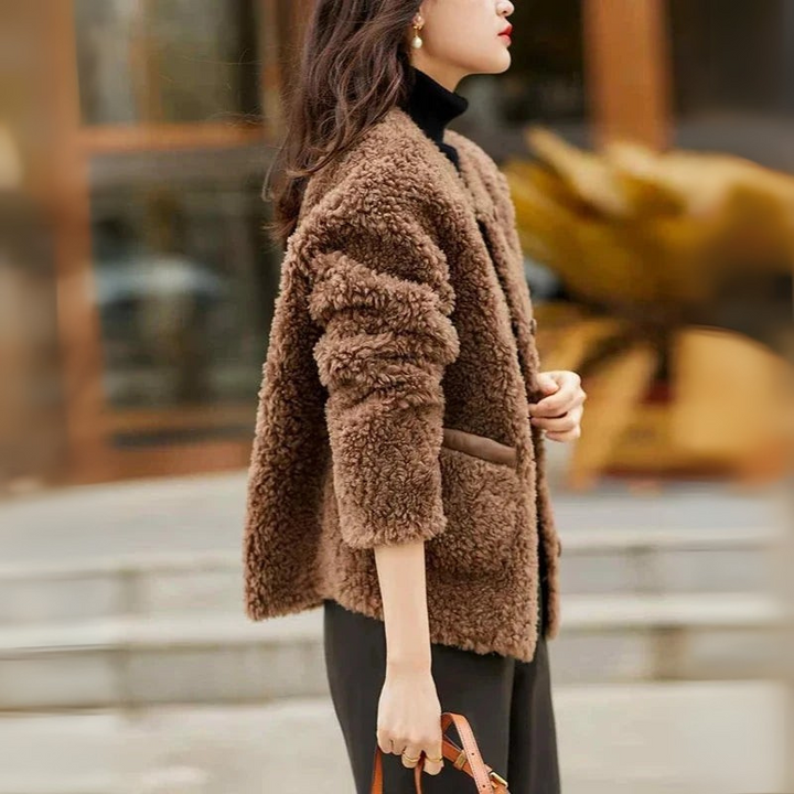 Women's Faux Fur Winter Coat with Button Accents and Pockets