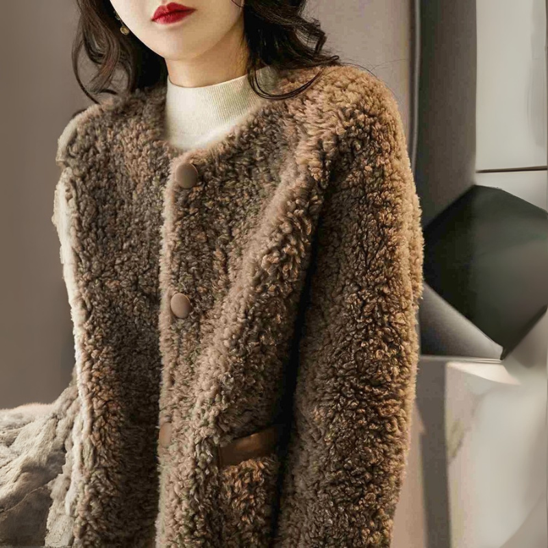 Women's Faux Fur Winter Coat with Button Accents and Pockets
