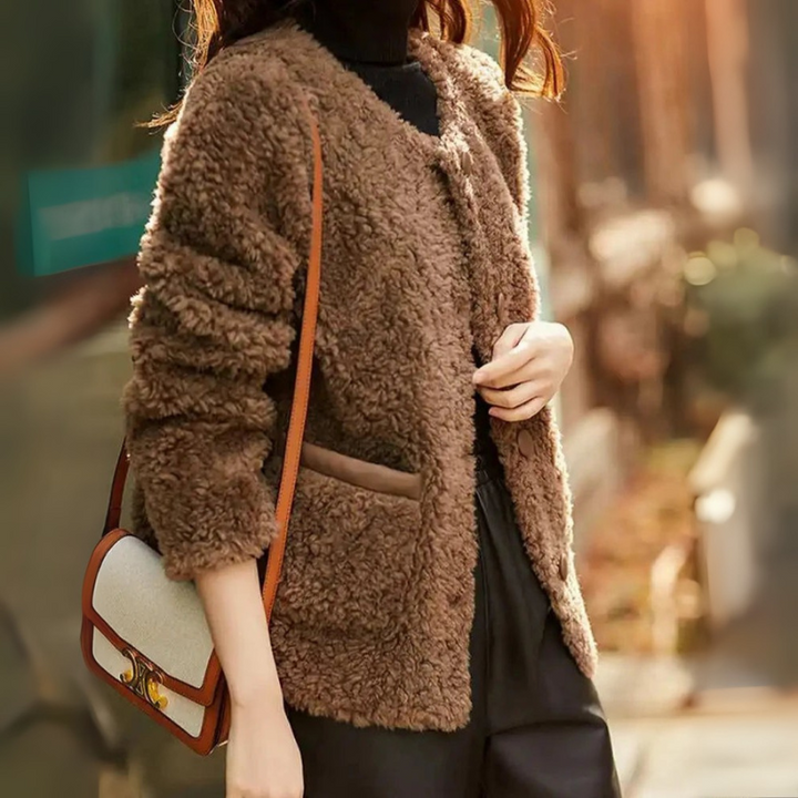 Women's Faux Fur Winter Coat with Button Accents and Pockets