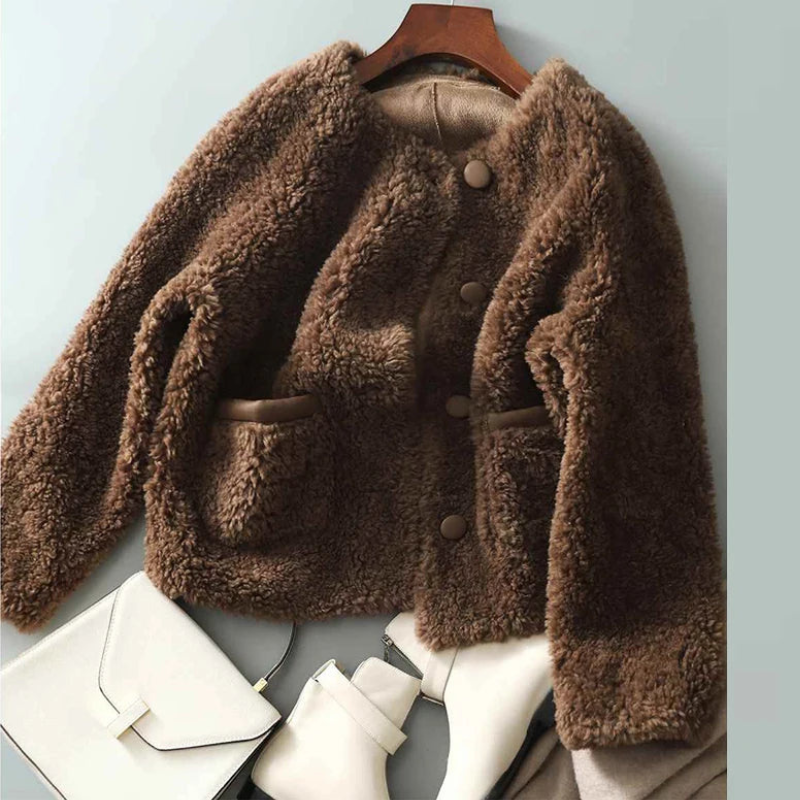 Women's Faux Fur Winter Coat with Button Accents and Pockets