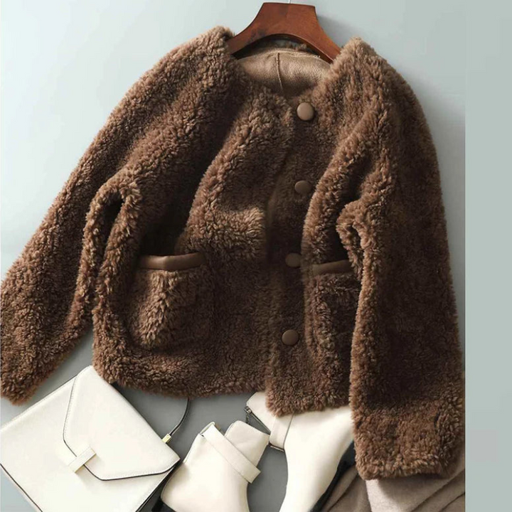Women's Faux Fur Winter Coat with Button Accents and Pockets